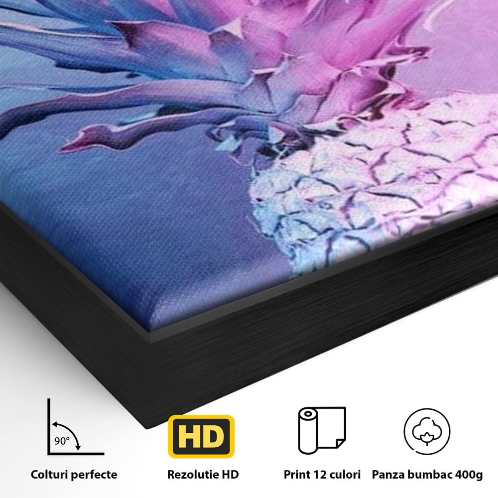Detaliu al suprafetei: tablou canvas cu ananas neon, in rama de aluminiu negru